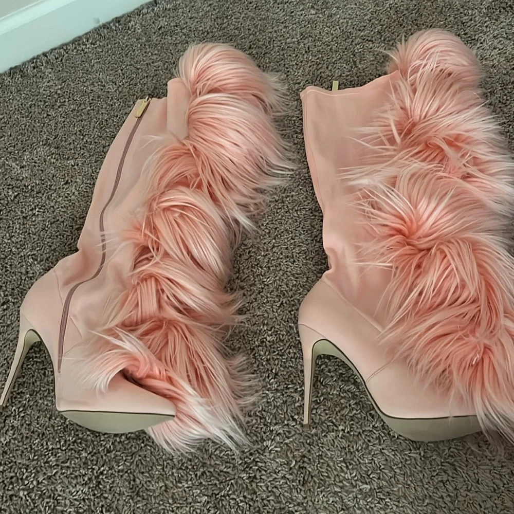 Faux-Fur Trim Over-the-Knee Stiletto Boots in Blush Pink Brand new. No box